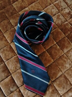 Christian Dior Vintage Navy Silk Tie with Burgundy and Light Blue Stripes